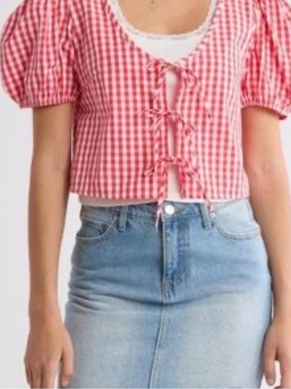 Abound Red Gingham Tie-Front Puff Sleeve Crop Top